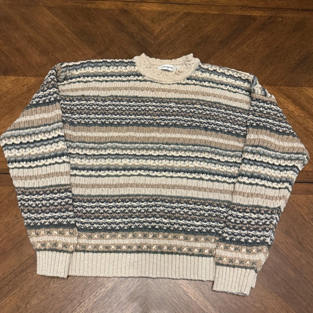 Claiborne Mens L Crewneck Sweater Fair Isle Stripe Knit Cotton Blend Earth Tones